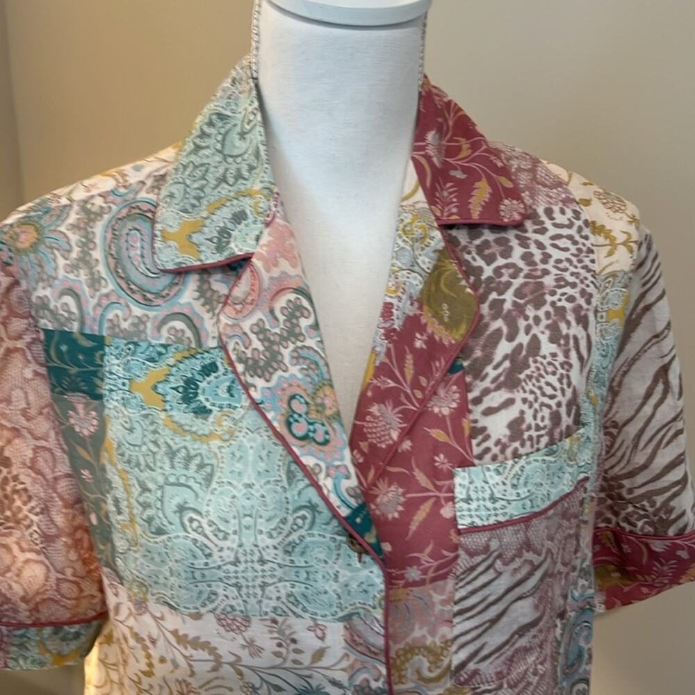 Patchwork Print Short-Sleeve Button Front Top - Multi - Picture 7 of 16